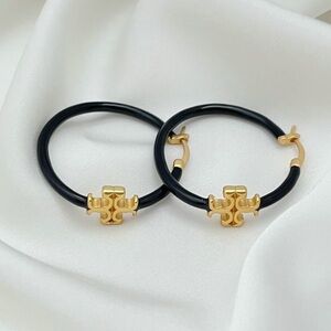 Tory Burch Black and Gold Logo Hoop Earrings